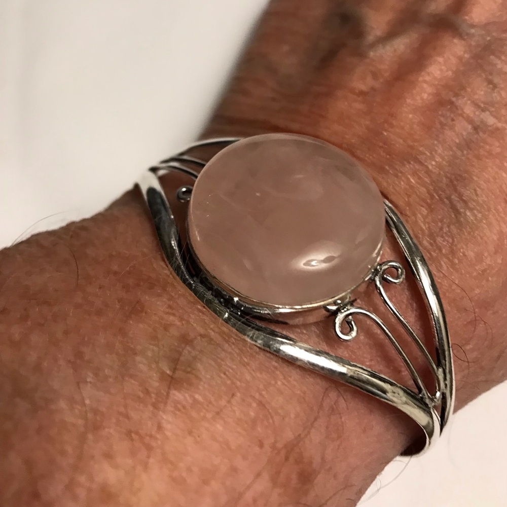 Rose Quartz Stamped 925 Sterling Silver Cuff Bracelet